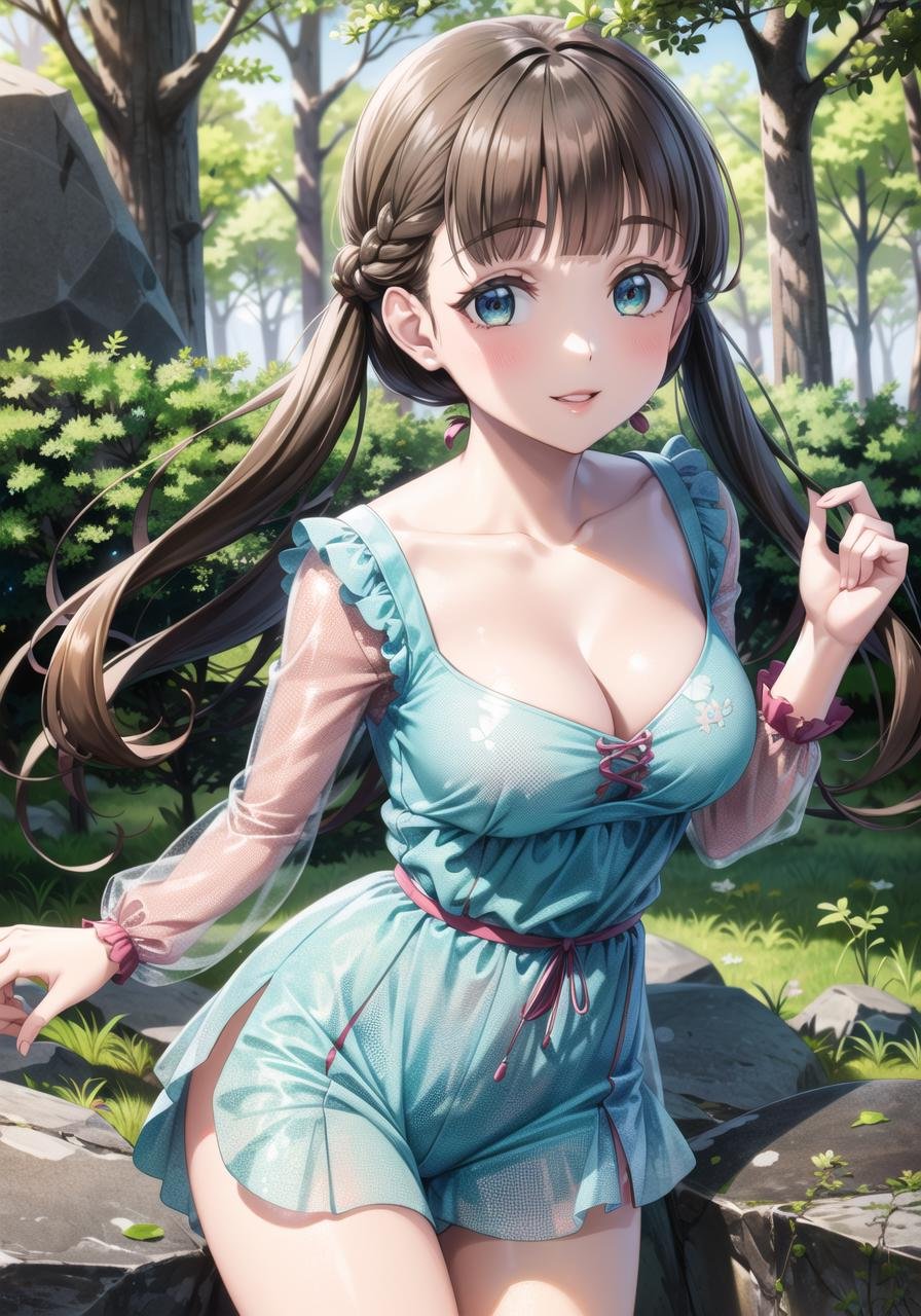 (masterpiece, best quality, ultra-detailed), (illustration), (beautiful detailed eyes), 1girl, solo, sakurakoji kinako, brown hair, bangs, long hair, green eyes, twintails, blunt bangs, <lora:KinakoV1:0.6>, medium breastsdress, thighs, (cleavage:1.2), frilled dress, frills, (see-through:1.2),light smile, cowboy shot, (tareme), parted lipsoutdoors, day, blue sky, (greenery, forest, rocks:1.3), depth of field,  <lora:1651489307798708599:0.2> <lora:add_detail:0.4> <lora:GoodHands-vanilla:1> <lora:tareme:0.6> 