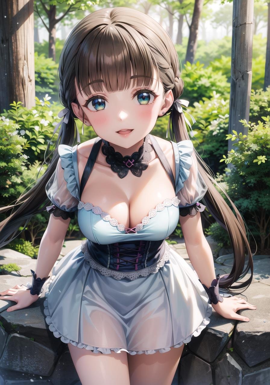 (masterpiece, best quality, ultra-detailed), (illustration), (beautiful detailed eyes), 1girl, solo, sakurakoji kinako, brown hair, bangs, long hair, green eyes, twintails, blunt bangs, <lora:KinakoV1:0.6>, medium breastsdress, thighs, (cleavage:1.2), frilled dress, frills, (see-through:1.2),light smile, cowboy shot, (tareme), parted lipsoutdoors, day, blue sky, (greenery, forest, rocks:1.3), depth of field,  <lora:1651489307798708599:0.2> <lora:add_detail:0.4> <lora:GoodHands-vanilla:1> <lora:tareme:0.6> 