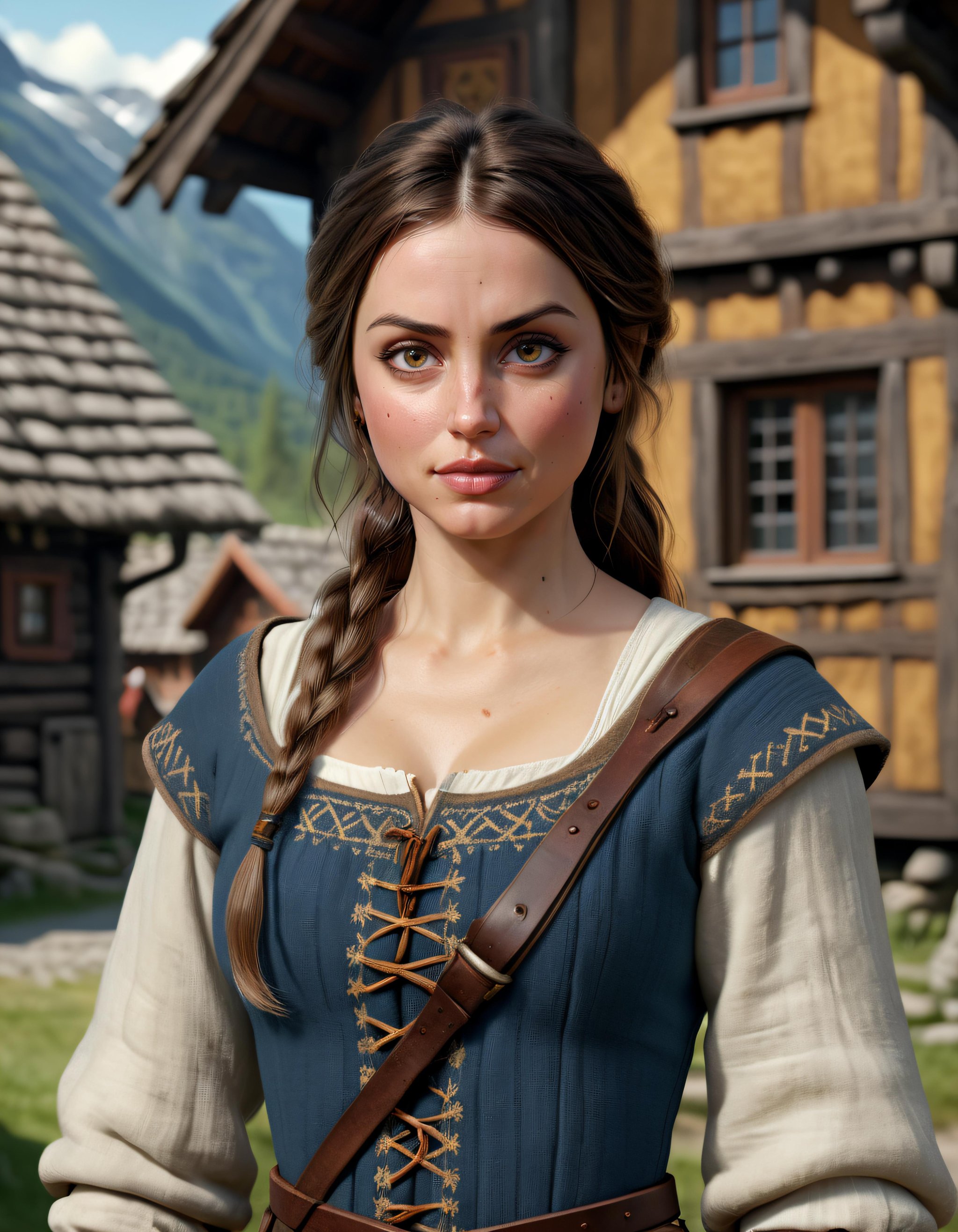 cinematic portrait of Ana De Armas as a (dressed as a medeival nordic woman), action pose, in medieval norway village, realistic artwork by midjourney and greg rutkowski, 4k, 135mm IMAX, <lora:Ana-000007:0.62>