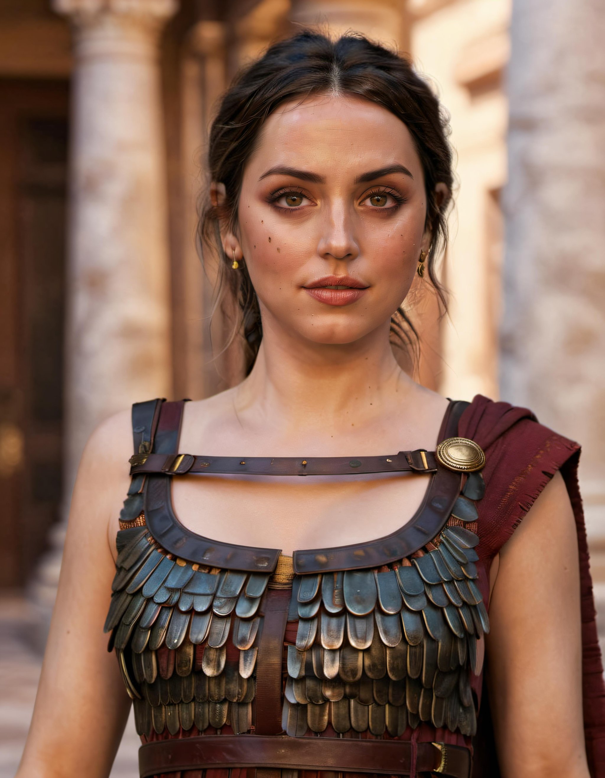 cinematic upper body up to waist portrait of Ana De Armas as (ancient roman woman), ancient roman house, photorealistic art by midjourney and greg rutkowski, 8k, <lora:Ana-000007:0.92>