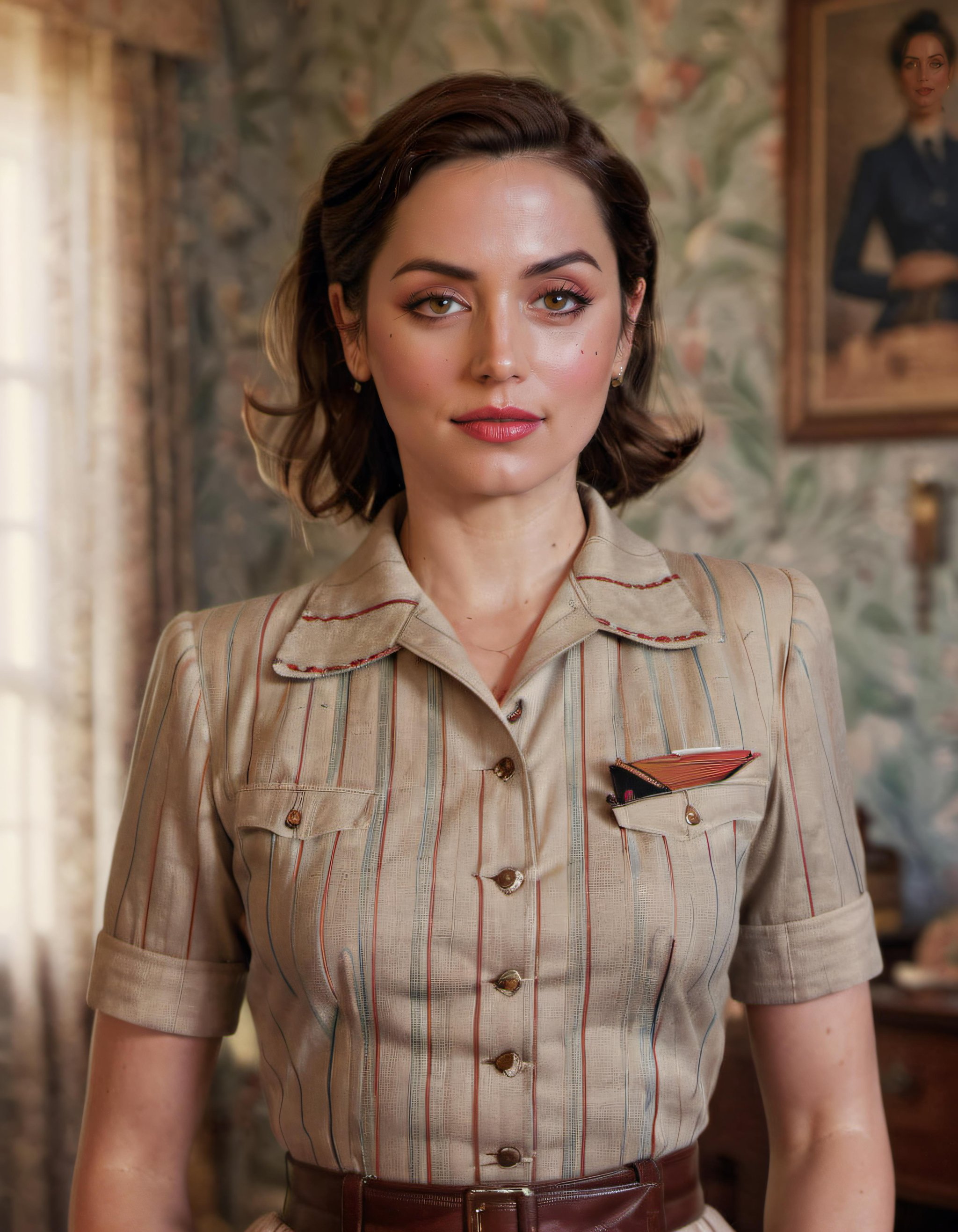 cinematic upper body up to waist portrait of Ana De Armas as (1940s era woman with 1940s vintage clothes), inside a 1940s house, photorealistic art by midjourney and greg rutkowski, 8k, <lora:Ana-000007:0.92>