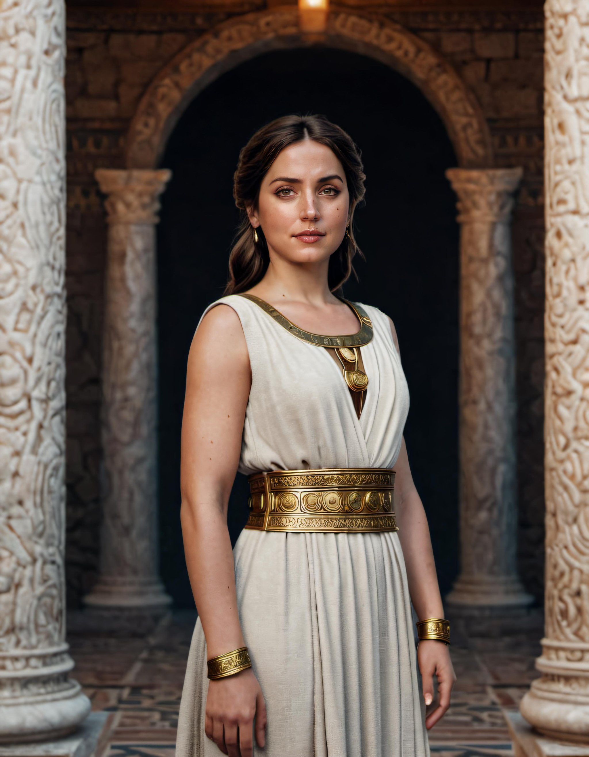 pixel-art cinematic full body up to waist portrait of Ana De Armas as (ancient roman woman), ancient roman house, photorealistic art by midjourney and greg rutkowski, 8k, <lora:Ana-000007:0.62> . low-res, blocky, pixel art style, 8-bit graphics