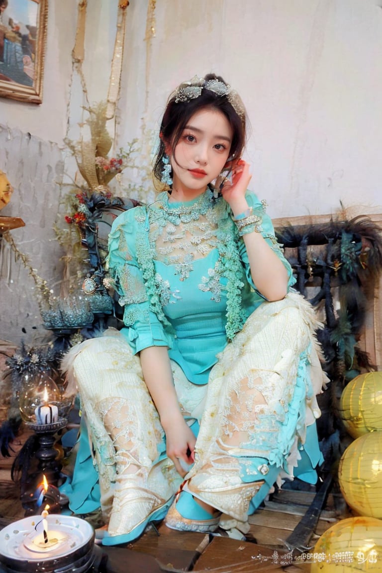 1girl, solo, looking at viewer, black hair, hair ornament, jewelry, sitting, full body, earrings, indoors, bracelet, sparkle, armlet, candle, indian style, throne,peipei0218