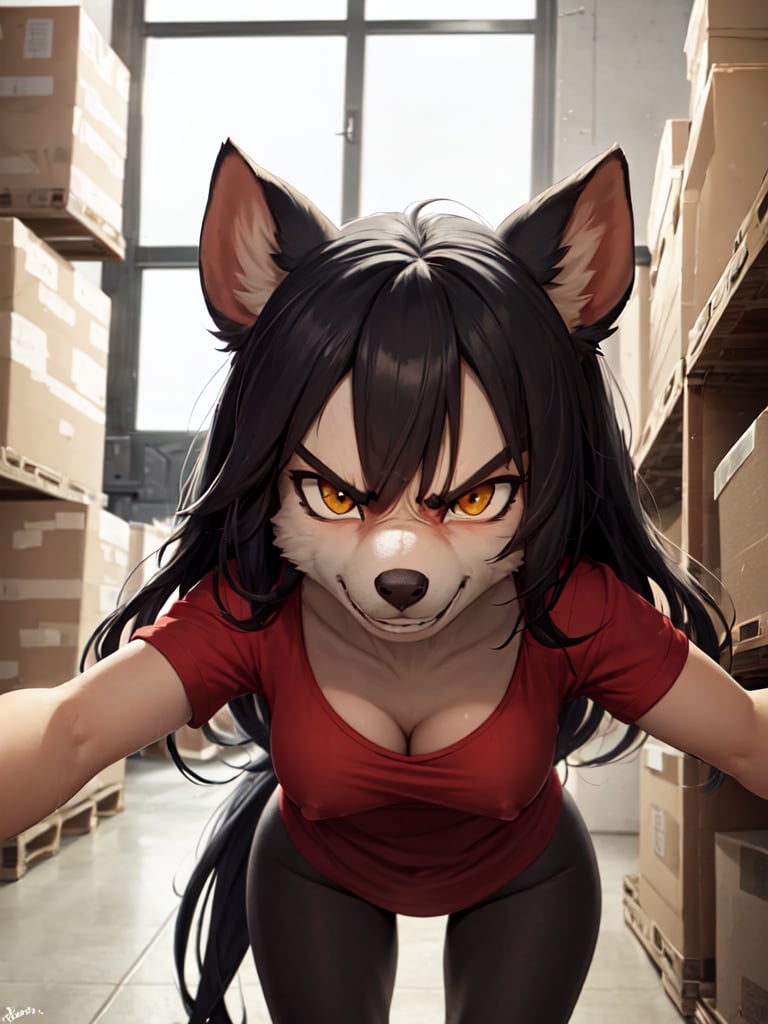 ((masterpiece, best quality)), 1girl, (furry:1.2), (nsfw:1.2), ((anthro:1.4)), ((snout:1.4)), (red t-shirte:1.2), (black hair:1.1, long hair:1.2), ((angry:1.2, smile:1.4)), (running:1.2), (cleavage), (small breasts:1.2), (warehouse:1.2), looking at viewer, from above | sideview | pov | from behind | extreme closeup | from below | wide field of view | up close