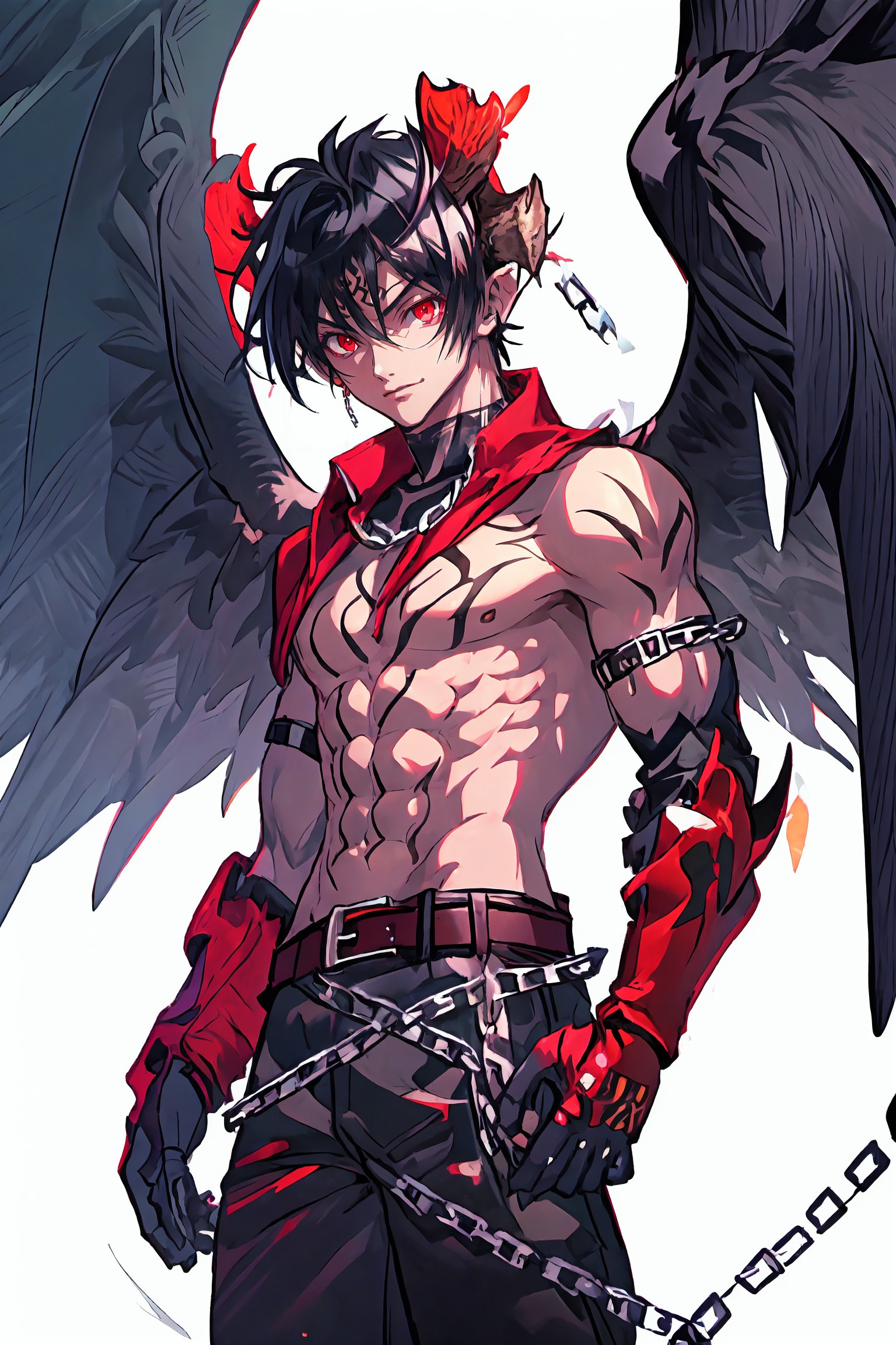 DEVJIN, 1boy, solo, male focus, black hair, muscular, topless male, horns, abs, tattoo, pants, chain, belt, gloves, red eyes, gauntlets, black wings
