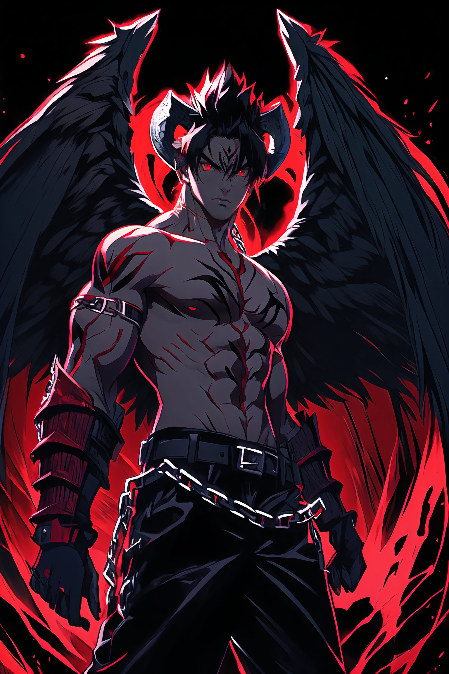 DEVJIN, 1boy, solo, male focus, black hair, muscular, topless male, horns, abs, tattoo, pants, chain, belt, gloves, red eyes, gauntlets, black wings, serious, aura, dark background
,portrait