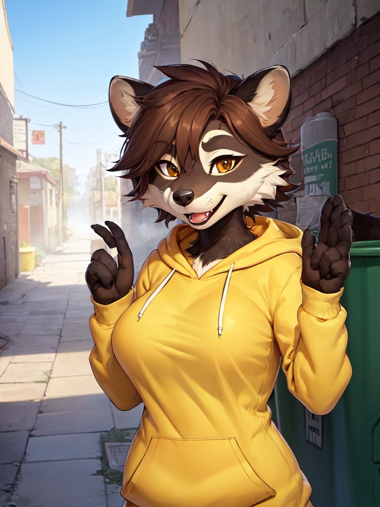 1girl, nsfw, (detailed face:1.1), (furry:1.2), (fluffy:1.1), (anthro:1.2), (snout:1.2), short hair, large breasts, (brown hair:1.1, yellow hoodie:1.1), (raccoon ears:1.1, raccoon tail:1.1), (gynomorph:1.4), (smile:1.1, open mouth), looking at viewer, (alleyway, trash can:1.1, sunrise, fog)