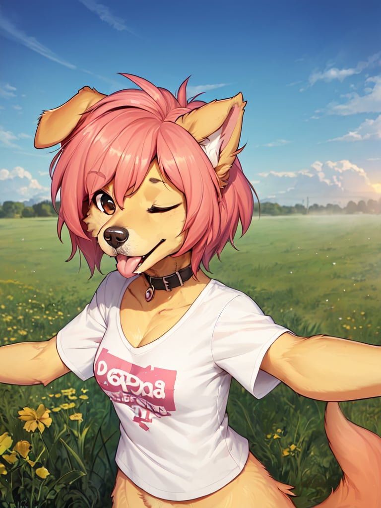 1girl, nsfw, ((🐶:1.4)), (furry:1.2), (fluffy:1.2, fluffy chest:1.4), (anthro:1.2), (snout:1.2), short hair, ((tomboy:1.2, small breasts)), (pink hair:1.1), (t-shirt:1.2), (gynomorph:1.4), ((one eye closed:1.4, tongue out:1.4, smile:1.1)), (cleavage), looking at viewer, (field:1.1, grass, sunrise:1.1, fog)