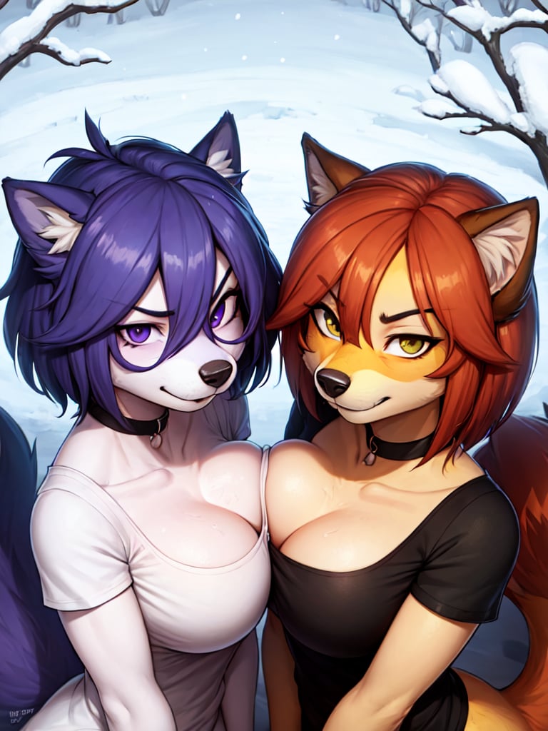 (2girls:1.2, duo:1.1), nsfw, (furry:1.2), (fluffy:1.1), (anthro:1.2), (snout:1.2), short hair, large breasts, (multicolored hair:1.2, black hair | purple hair), (gynomorph:1.4), (angry:1.2, smile:1.1), (t-shirt:1.1, cleavage), looking at viewer, from above, snow, winter, forest