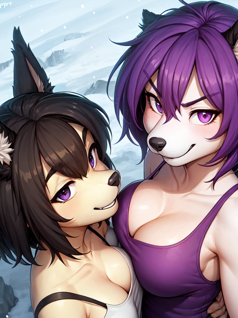 (2girls:1.2, duo:1.1), nsfw, (furry:1.2), (fluffy:1.1), (anthro:1.2), (snout:1.2), short hair, large breasts, (multicolored hair:1.2, black hair | purple hair), (gynomorph:1.4), (angry:1.2, smile:1.1), (t-shirt:1.1, cleavage), looking at viewer, from above, snow, winter, forest