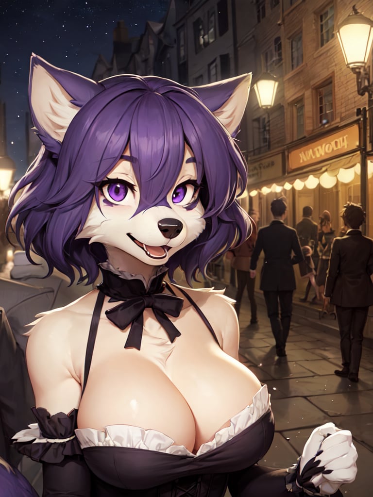 1girl, nsfw, (furry:1.2), (fluffy:1.1), (anthro:1.2), (snout:1.2), short hair, large breasts, (black hair | purple hair), (gynomorph:1.4), (smile:1.1, open mouth), (Victorian dress:1.2, cleavage), looking at viewer, (Victorian city, street lights, night)