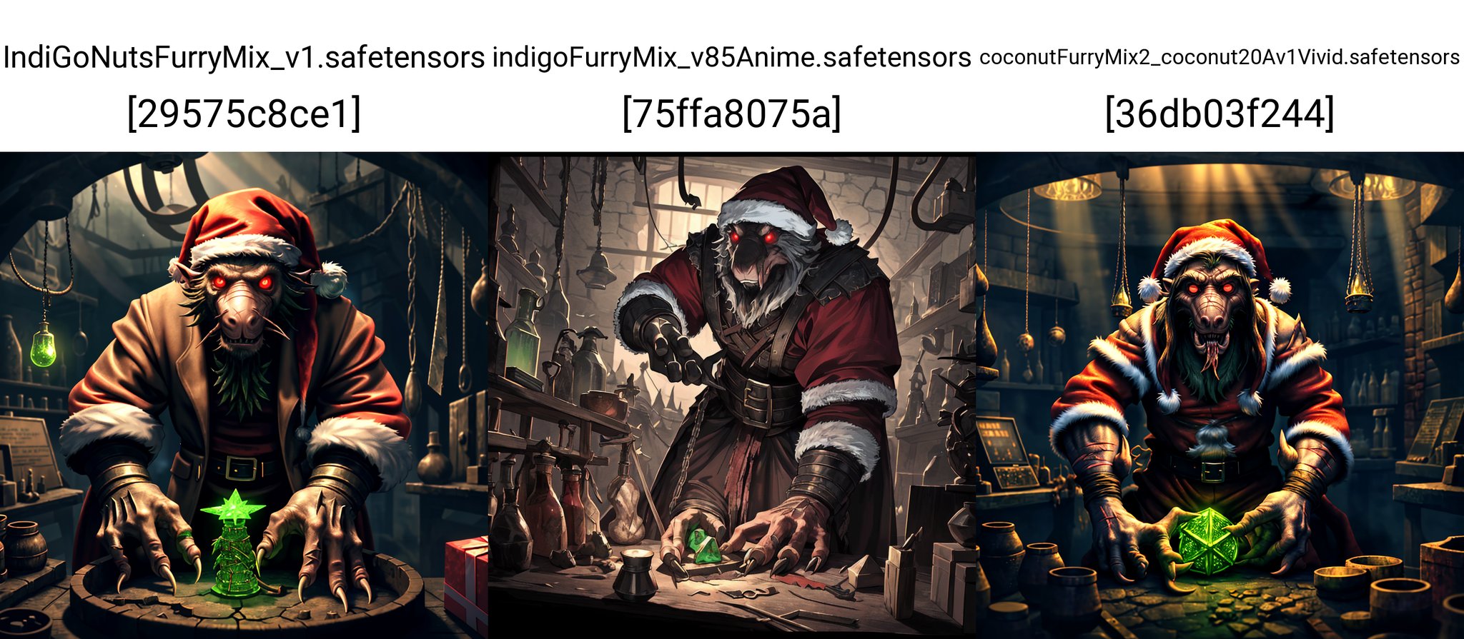 atmospheric lighting, intricate detail, uhd 8k, hdr, Skaven (Santa_Claus) in a hellish medieval laboratory making a toy from green crystals, dark, gritty, misshapen presents, torture implements, scars, torn flesh with grafted metal plates, glowing red eyes, [same_number_of_fingers_on_each_hand]