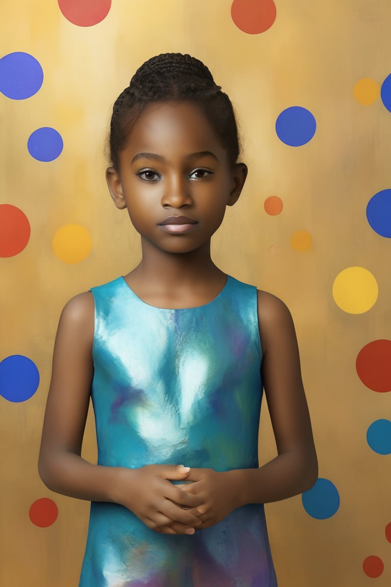 Create a modern-styled sketch portrait in metallic texture material of a gentle girl inspired by color and childhood, utilizing the vibrant color palettes and sleek lines reminiscent of the works by famous artist Bui Xuan Phai, background is full of childhood abstracts,xxmix_girl,Replay1988,Perfect skin