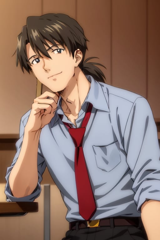 (1 image only), solo male, Ryoji Kaji, Neon Genesis Evangelion, Asian, Japanese, dark brown hair, bangs, short ponytail, dark brown eyes, thin stubble, blue collared shirt, red sleeves rolled up, necktie, black pants, smile, mature, handsome, charming, alluring, (head rest), pov, upper body, table, perfect anatomy, perfect proportions, 2D, anime, (best quality, masterpiece), ((perfect eyes, perfect eye pupil)), perfect hands, high_resolution, dutch angle