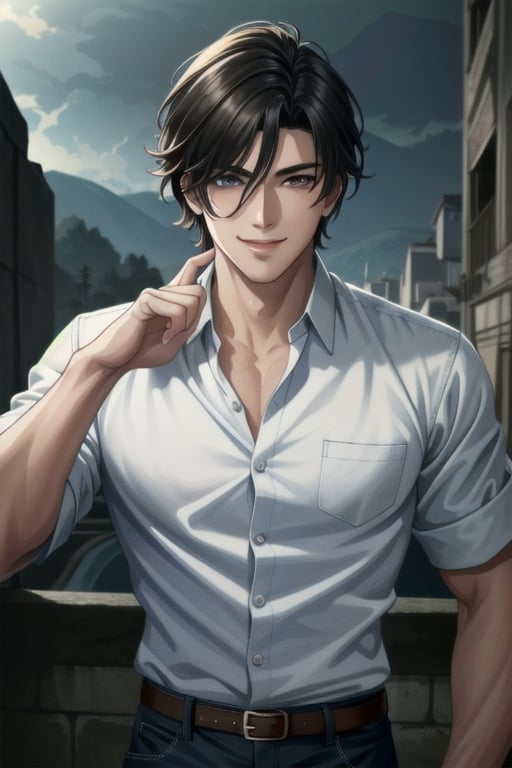 ((masterpiece)), ((best quality)), (ultra-detailed), absurdres, extremely detailed CG unity 8k wallpaper, Official Art, (realistic), beautiful face, detailed hands, expressive eyes, upper body, close up, solo, scenery, illustration, dramatic lighting, standing, smile, 1boy, bishounen, shirt, pants, ((masterpiece)), , absurdres, HDR