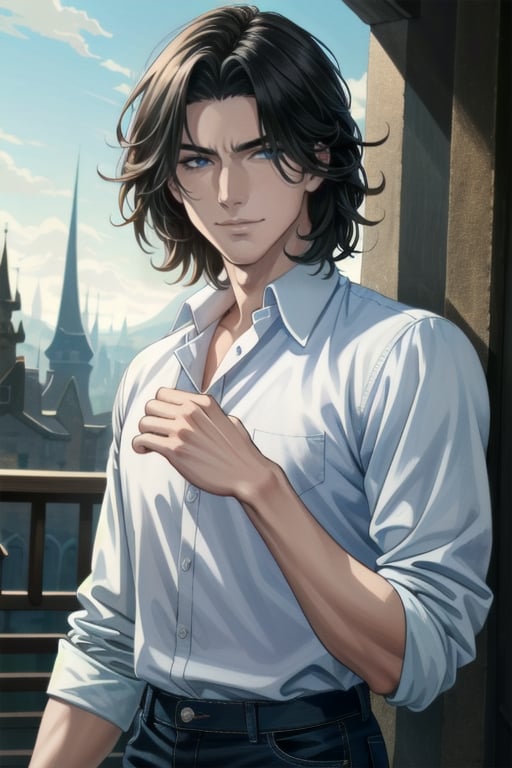 ((masterpiece)), ((best quality)), (ultra-detailed), absurdres, extremely detailed CG unity 8k wallpaper, Official Art, (realistic), beautiful face, detailed hands, expressive eyes, upper body, close up, solo, scenery, illustration, dramatic lighting, standing, smile, 1boy, bishounen, shirt, pants, ((masterpiece)), , absurdres, HDR