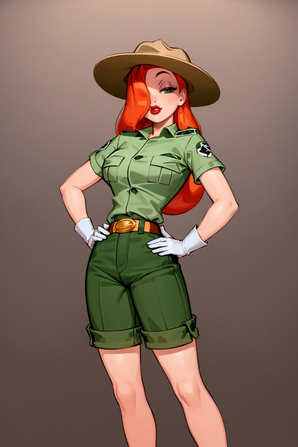 masterpiece, best quality,1girl, jessicaranger, orange hair, long hair, green eyes, hat, green shirt,  short sleeves, shorts, belt, white gloves, lipstick, makeup, ranger uniform,closed mouth, hands on hips, standing, full body, solo, looking at viewer, simple background     <lora:JessicaRabbit:1>