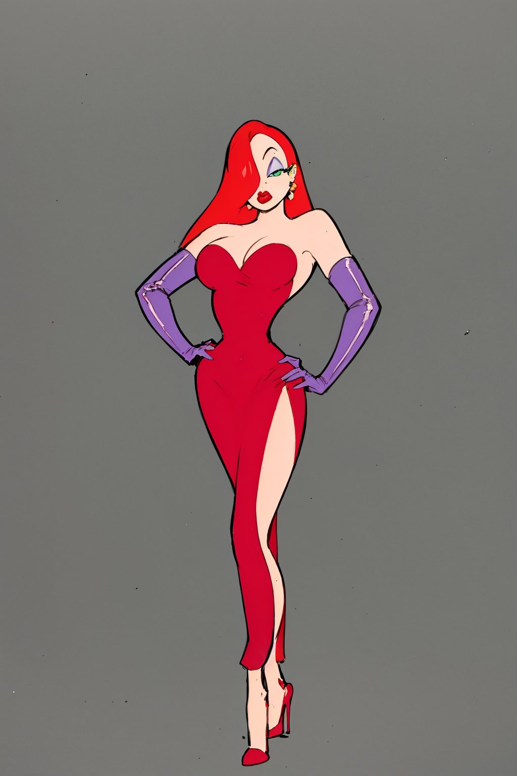 masterpiece, best quality,1girl, jessicarab, red hair, long hair, hair over one eye, green eyes, bare shoulders, cleavage, red dress, strapless, elbow purple gloves, high heels, lipstick, makeup,  side slit,hands on hips, standing, full body, solo, looking at viewer, simple background     <lora:JessicaRabbit:1>