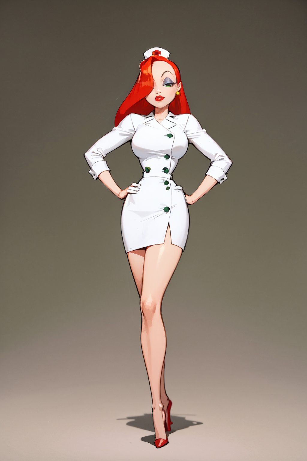 masterpiece, best quality,1girl, jessicanurse, red hair, long hair, hair over one eye, green eyes,  lipstick, makeup, nurse, nurse cap, miniskirt, high heels, earrings,closed mouth, hands on hips, standing, full body, solo, looking at viewer, simple background, solid grey background     <lora:JessicaRabbit:1>