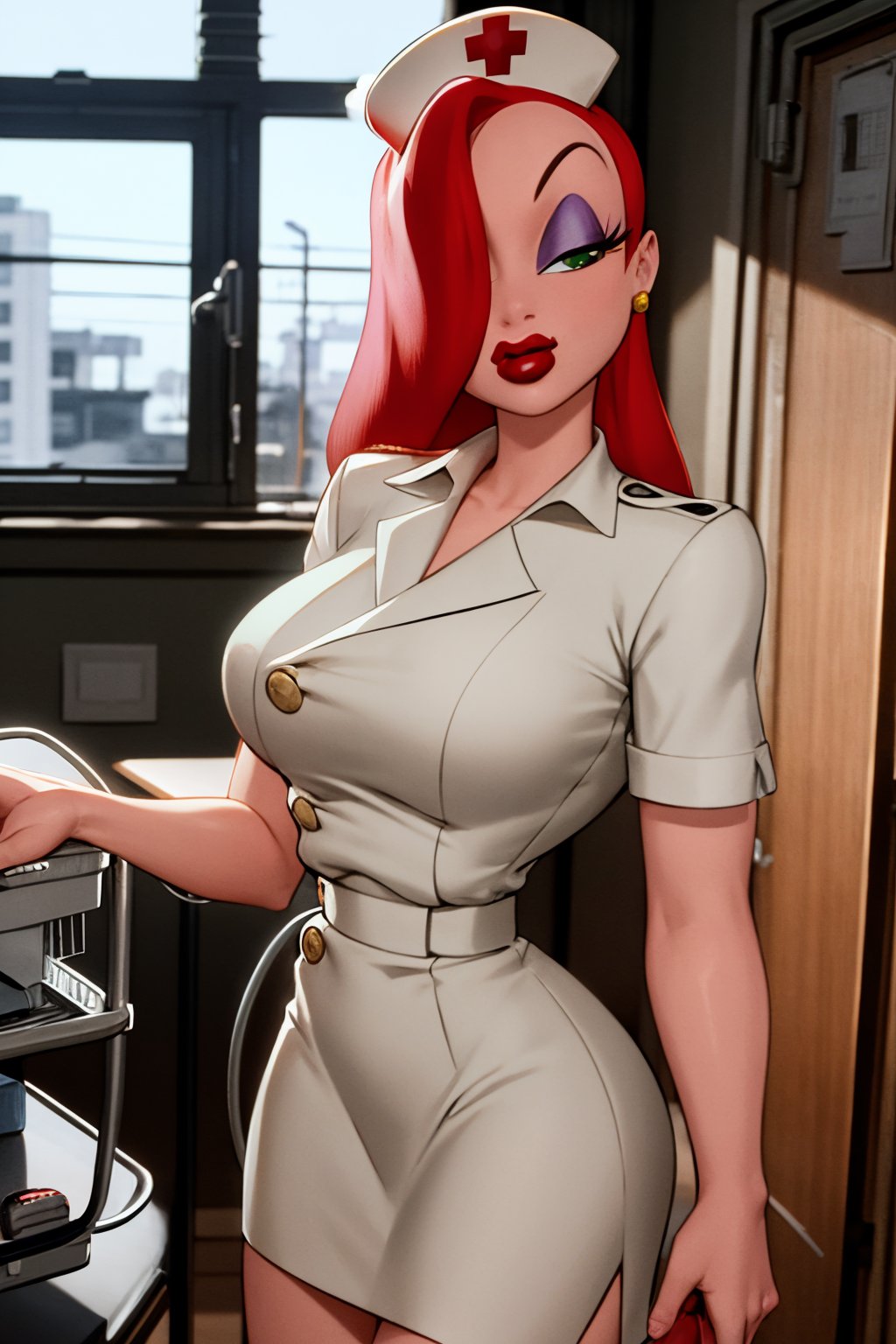 masterpiece, best quality,1girl, jessicanurse, red hair, long hair, hair over one eye, green eyes,  lipstick, makeup, nurse, nurse cap, miniskirt,closed mouth, upper body, solo, looking at viewer, indoors, hospital background     <lora:JessicaRabbit:1>