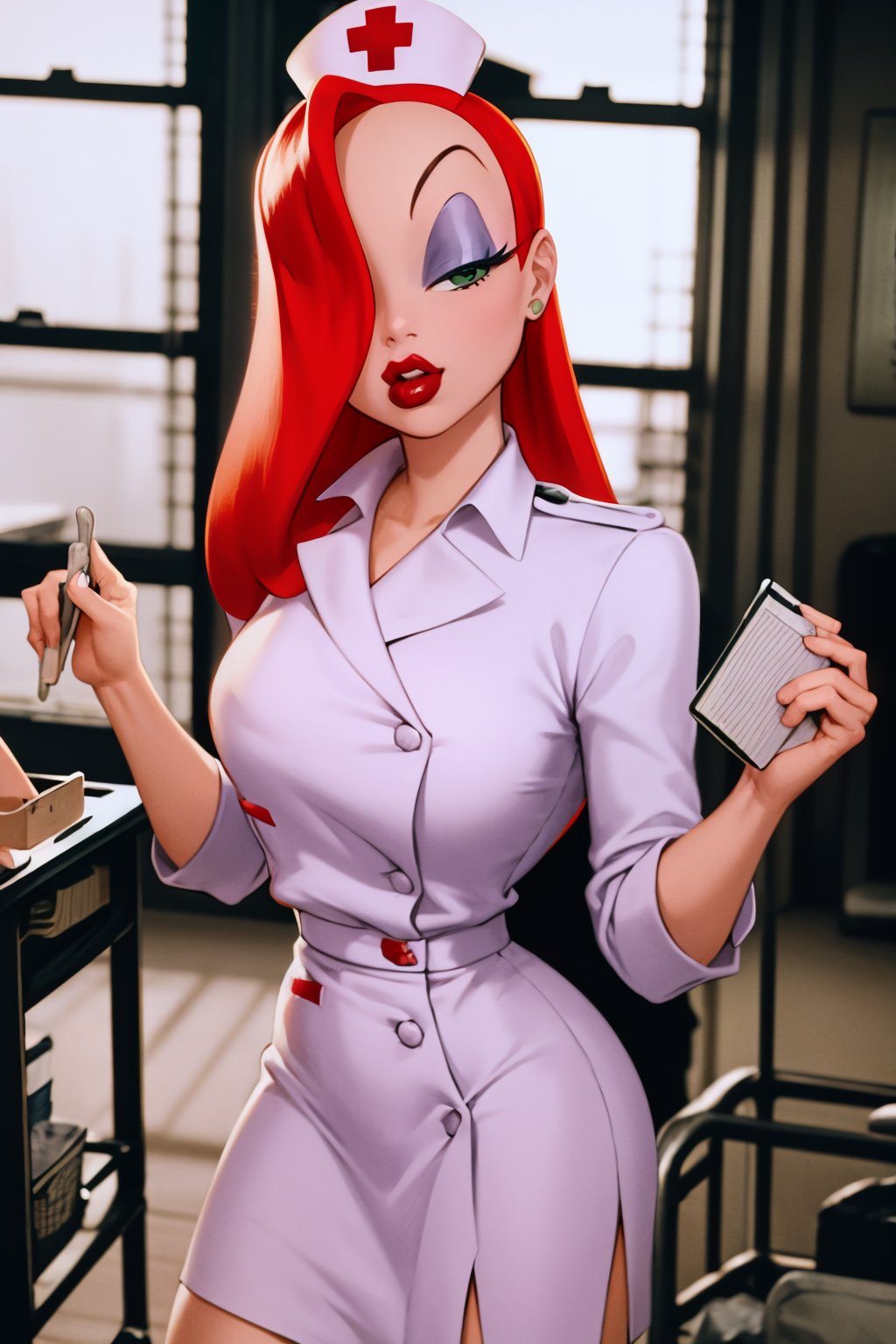 masterpiece, best quality,1girl, jessicanurse, red hair, long hair, hair over one eye, green eyes,  lipstick, makeup, nurse, nurse cap, miniskirt,closed mouth, upper body, solo, looking at viewer, indoors, hospital background     <lora:JessicaRabbit:1>