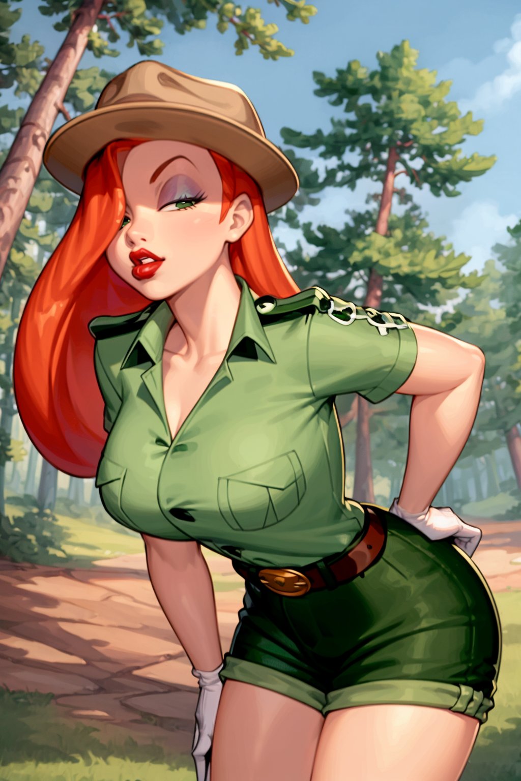 masterpiece, best quality,1girl, jessicaranger, orange hair, long hair, green eyes, hat, green shirt, short sleeves, shorts, belt, white gloves, lipstick, makeup, ranger uniform,leaning forward, breasts focus, solo, looking at viewer, blue sky, grass, trees, forest background   <lora:JessicaRabbit:1>