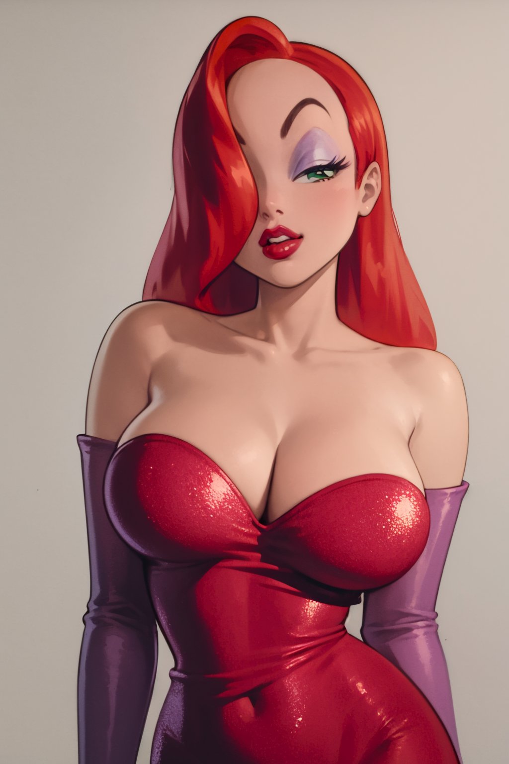 masterpiece, best quality,1girl, jessicarab, red hair, long hair, hair over one eye, green eyes, bare shoulders, cleavage, red dress, strapless, lipstick, makeup, purple elbow gloves,upper body, solo, looking at viewer, simple background    <lora:JessicaRabbit:1>