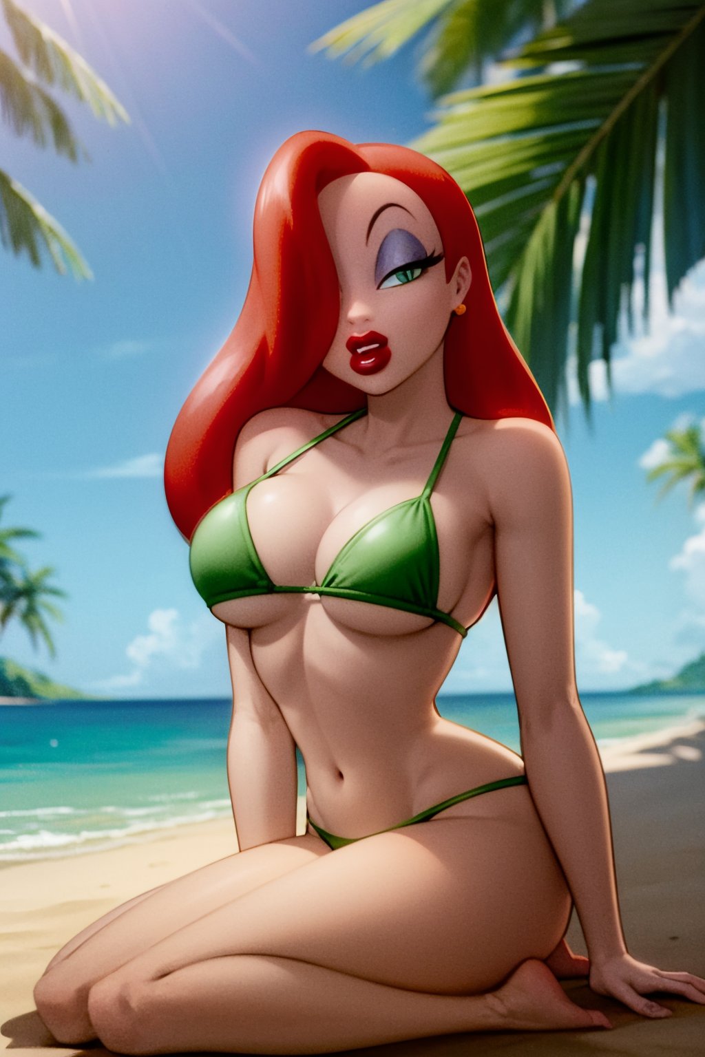 masterpiece, best quality,1girl, jessicarab, red hair, long hair, hair over one eye, green eyes, bikini, makeup, lipstick,solo, looking at viewer, sea, sand, blue sky, tropical island background     <lora:JessicaRabbit:1>