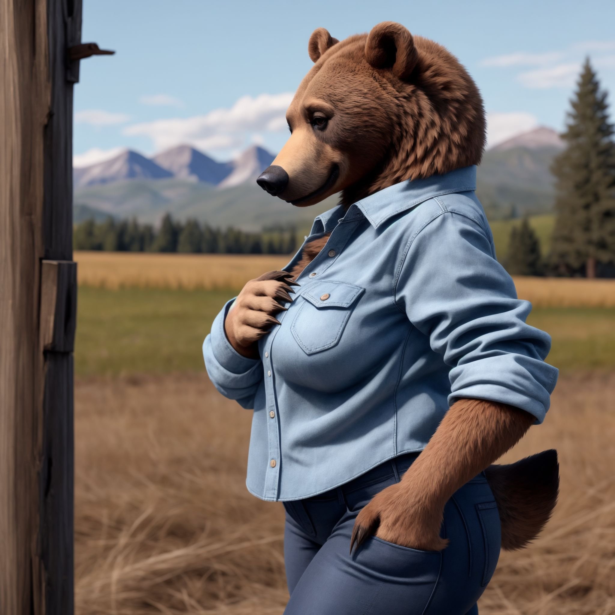 8k, HDR+, cute, adorable, attractive, female grizzly bear, anthro, jeans, flannel, profile pic, recently signed up for "farmersonly.com"