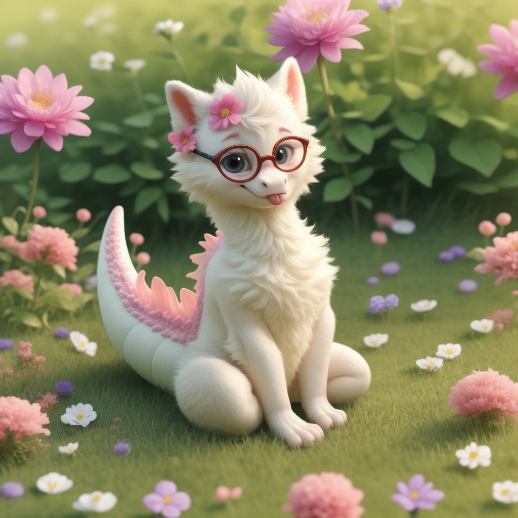 solo, super cute, ridiculously cute, adorable, smol fluffy dragon sitting on grass surrounded by flowers, ðŸ¤“, blep