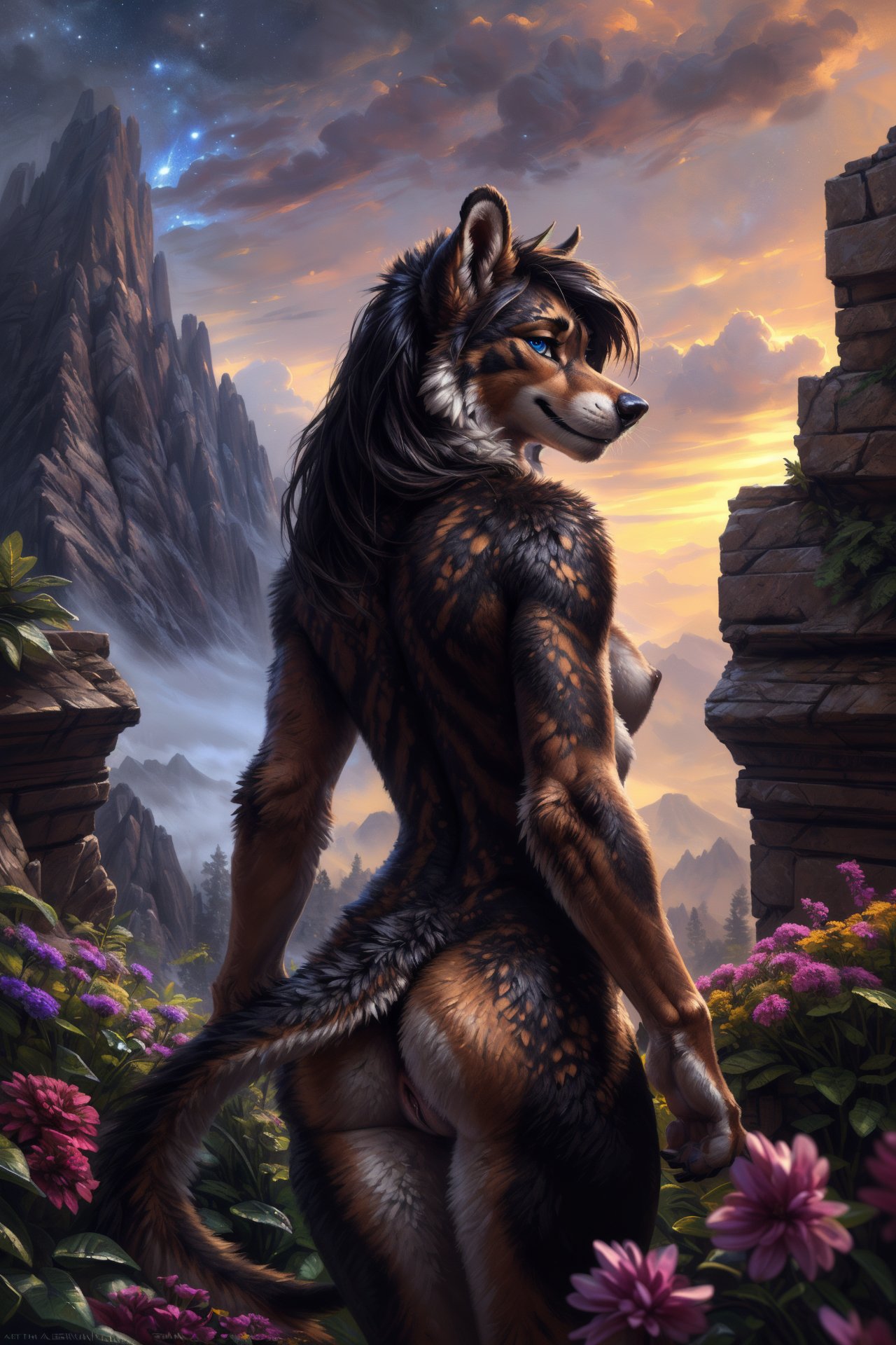 ((solo)) (anthropomorphic, black domestic dog), female, fullbody, nude, furied, black fur, white fur, blue eyes, sexy poses, looking at viewer, flower, best quality, shaded, extreme detail, highly detailed, long hair, smile, ultra detailed, intricate, beautiful eyes, detailed face, good anatomy, Perfect eyes, tail up, standing, hands, night, fog, flower, best quality, shaded, extreme detail, highly detailed, ultradetailed, intricate, realistic, detailed background, hi res, realistic, photography \(artwork\), (by kenket), by ross tran, by michael & inessa garmash, by pino daeni, by isvoc, by kiguri, by alena aenami, by ruan jia, (by zenthetiger, by wolfy-nail), by Enki Bilal, by drmax, photorealism, in mountains , galaxy-themed hunting, top angle view, bright and rich colors, rendered by unreal engine, realistic, detailed background, hi res, realistic, photography \(artwork\), (by kenket), by ross tran, by michael & inessa garmash, by pino daeni, by isvoc, by kiguri, by alena aenami, by ruan jia, (by zenthetiger, by wolfy-nail), by Enki Bilal, by drmax,  hioshiru, butt, vagina, looks at the camera