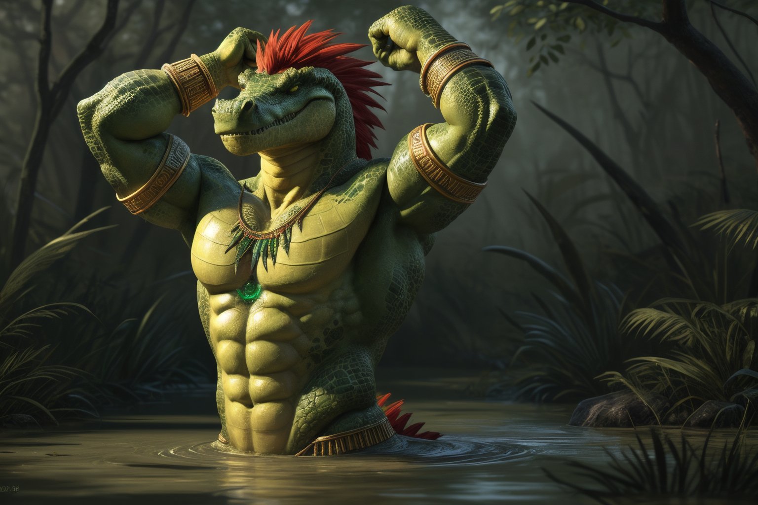 uploaded on e621, detailed paint of a bright green and yellow gator, in a swamp, detailed scales, scale texture, (yellow belly), abs, pectorals, biceps, veins, full body, detailed friendly face, (glowing jewelry), tribal tattoos, emerald bracers, hands facing up, tribal, warrior, red hair