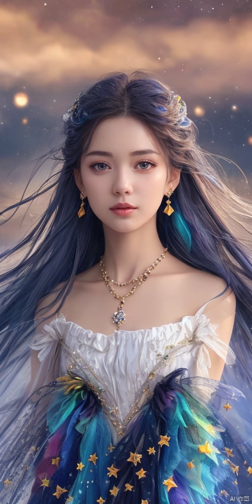  1girl, dance, Fairy, crystal, jewels,black, wings,All the Colours of the Rainbow, Crystal clear,solo, long hair, looking at viewer,black hair,jewelry, earrings,lips, makeup, portrait, eyeshadow, realistic, nose,{{best quality}}, {{masterpiece}}, {{ultra-detailed}}, {illustration}, {detailed light}, {an extremely delicate and beautiful}, a girl, {beautiful detailed eyes}, stars in the eyes, messy floating hair, colored inner hair, Starry sky adorns hair, depth of field,zj,
blue hair, Treasure Gathering Girl,
