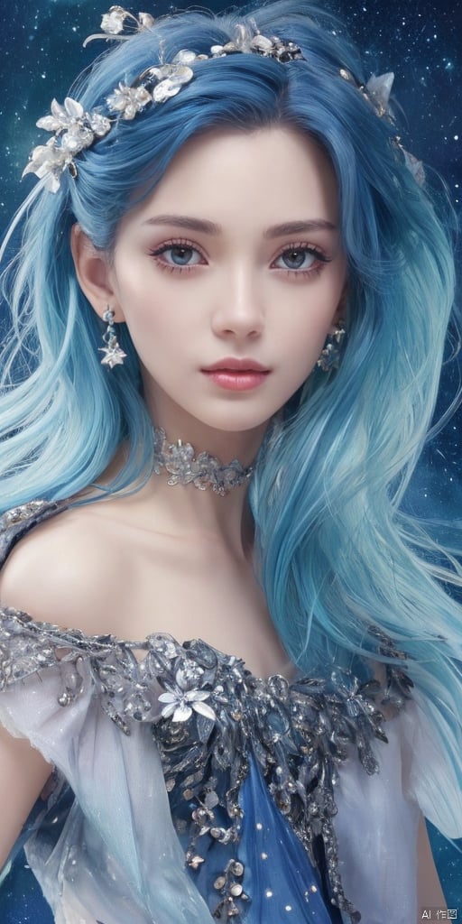  1girl, dance, Fairy, crystal, jewels,black, wings,All the Colours of the Rainbow, Crystal clear,solo, long hair, looking at viewer,black hair,jewelry, earrings,lips, makeup, portrait, eyeshadow, realistic, nose,{{best quality}}, {{masterpiece}}, {{ultra-detailed}}, {illustration}, {detailed light}, {an extremely delicate and beautiful}, a girl, {beautiful detailed eyes}, stars in the eyes, messy floating hair, colored inner hair, Starry sky adorns hair, depth of field,zj,
blue hair, Treasure Gathering Girl,
