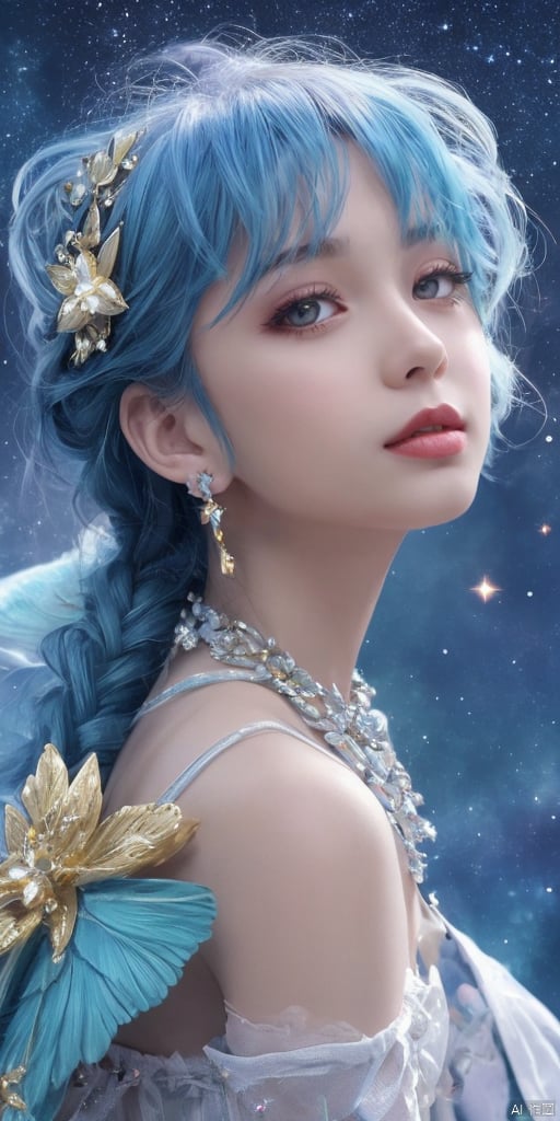  1girl, dance, Fairy, crystal, jewels,black, wings,All the Colours of the Rainbow, Crystal clear,solo, long hair, looking at viewer,black hair,jewelry, earrings,lips, makeup, portrait, eyeshadow, realistic, nose,{{best quality}}, {{masterpiece}}, {{ultra-detailed}}, {illustration}, {detailed light}, {an extremely delicate and beautiful}, a girl, {beautiful detailed eyes}, stars in the eyes, messy floating hair, colored inner hair, Starry sky adorns hair, depth of field,zj,
blue hair, Treasure Gathering Girl,
