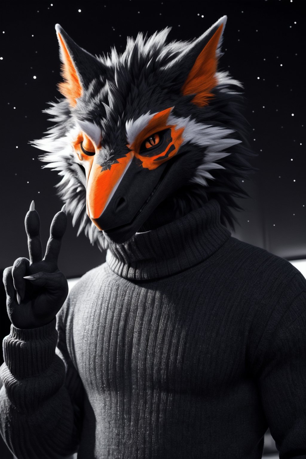 (black body: 1.5),(orange face: 1.6) fluffy, anthro, sergal, solo, male, detailed eyes, (sergal)dressed, perfect anatomy, turtleneck, sweater, winking at the viewer, one eye closed, star, V sign,monochrome colors, photorealism, photo, real, realism,