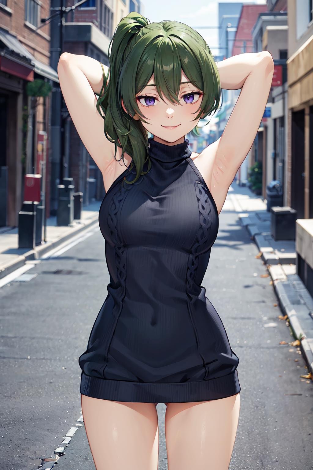 masterpiece,best quality,highres,ultra-detailed,ubel,long hair,side ponytail,hair between eyes,bangs,<lora:ubel_(sousou_no_frieren):0.8>,(sweater:1.2),(turtleneck:1.2),street,smile,standing,(sleeveless:1.4),arm_behind_head,arms_up,cowboy shot,no pants,