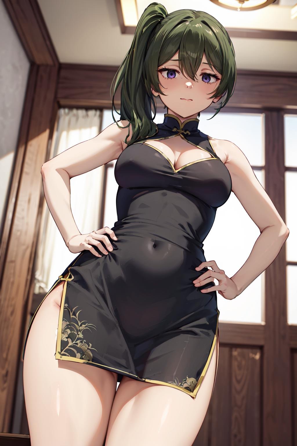 masterpiece,best quality,highres,ultra-detailed,ubel,long hair,side ponytail,hair between eyes,bangs,<lora:ubel_(sousou_no_frieren):0.8>,bare shoulders,china dress,chinese clothes,short dress,cleavage cutout,sideboob,thighs,hands_on_hips,(furrowed_brow:1.2),indoors,front view,from_below,looking_at_viewer,