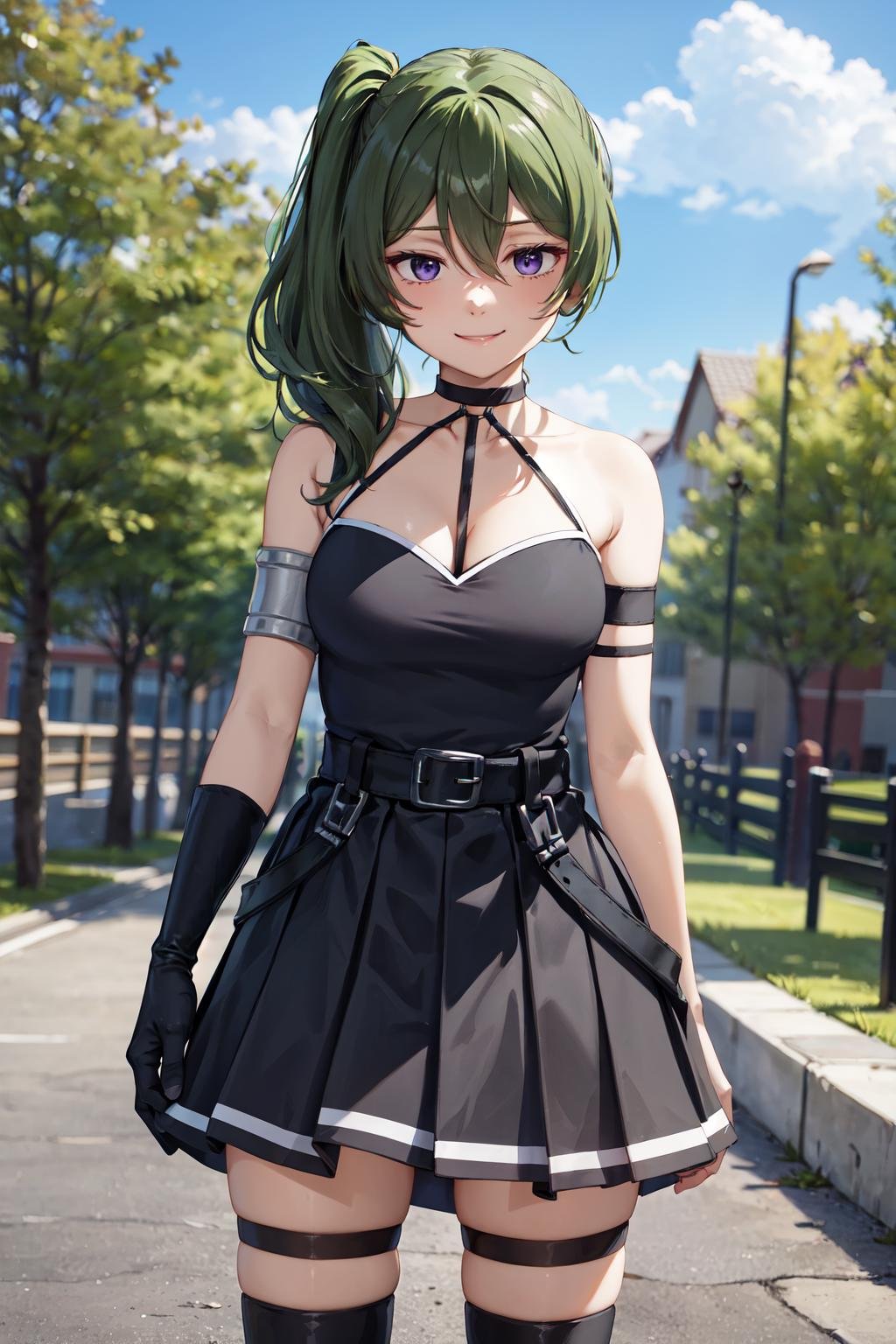 masterpiece,best quality,highres,ultra-detailed,ubel,long hair,side ponytail,hair between eyes,bangs,black choker,bare shoulders,cleavage,halterneck,black dress,sleeveless,arm strap,single glove,belt,black skirt,buckle,black belt,thigh strap,knee boots,black footwear,<lora:ubel_(sousou_no_frieren):0.8>,outdoors,cowboy shot,smile,standing,