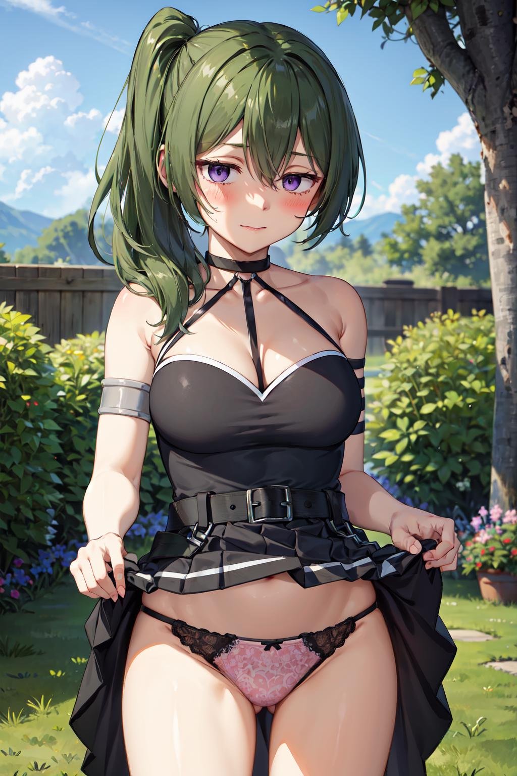 masterpiece,best quality,highres,ultra-detailed,ubel,long hair,side ponytail,hair between eyes,bangs,black choker,bare shoulders,cleavage,halterneck,black dress,sleeveless,arm strap,belt,black skirt,buckle,black belt,thigh strap,<lora:ubel_(sousou_no_frieren):0.8>,(skirt lift:1.4),(blush:1.2),(embarrass:1.4),outdoors,garden,lace-trimmed panties,