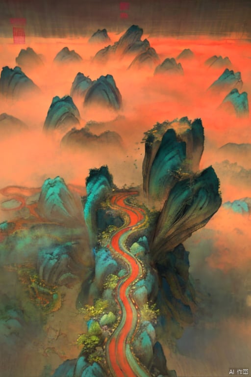  Wang XIMeng style,motains,tree,Micro landscape,fallwater, Chinese three-dimensional landscape painting, Zen aesthetics, Zen composition, blue copper mine, flowing particles, macro lens, rich light, glowing mountains, high mountains, clouds, minimalism, ultimate details, unparalleled details, electric effects, realism, 3D rendering, fine details,ycbh,painter,国风,风景, Landscape painting