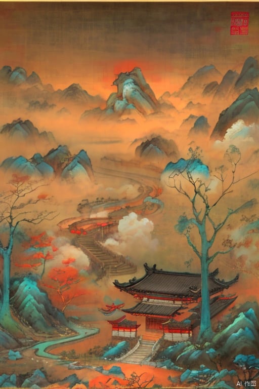  Wang XIMeng style,motains,tree,Micro landscape,fallwater, Chinese three-dimensional landscape painting, Zen aesthetics, Zen composition, blue copper mine, flowing particles, macro lens, rich light, glowing mountains, high mountains, clouds, minimalism, ultimate details, unparalleled details, electric effects, realism, 3D rendering, fine details,ycbh,painter,国风,风景, Landscape painting