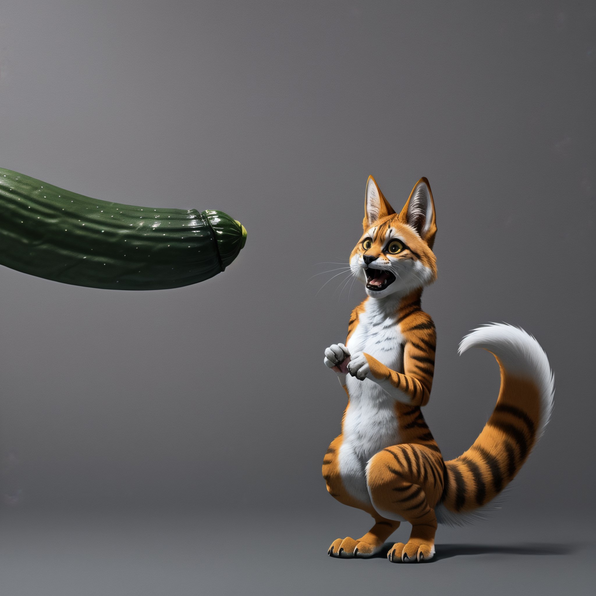 solo, female (anthro:1.5) shorthair_cat, scared, ((floofed_tail)), realistic, staring at a cucumber