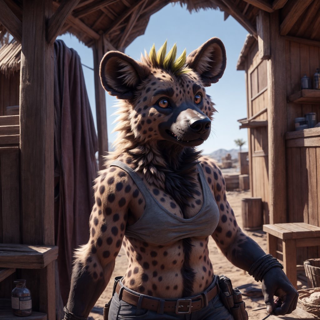 UHD 8k, HDR+, cute anthro female hyena, intricately detailed, detailed background, realistic