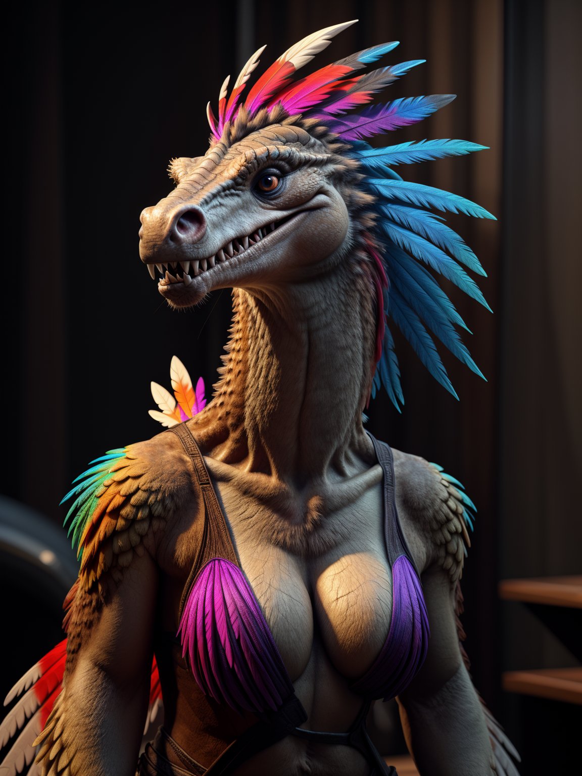 realistic, dromeosaurid, female, feathers, vibrant plumage, predatory, teeth