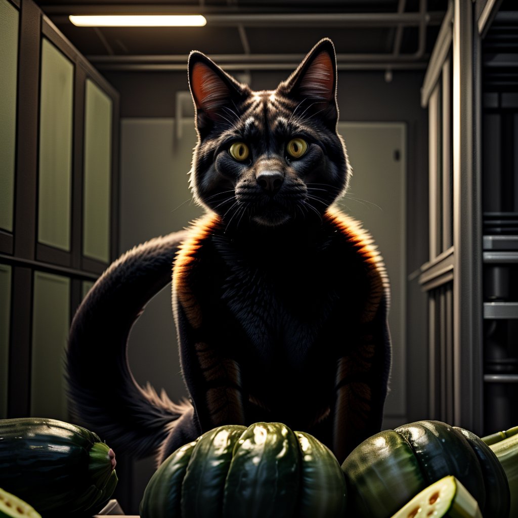 solo, female (anthro:1.5) shorthair_cat, scared, ((floofed_tail)), realistic, staring down at a cucumber