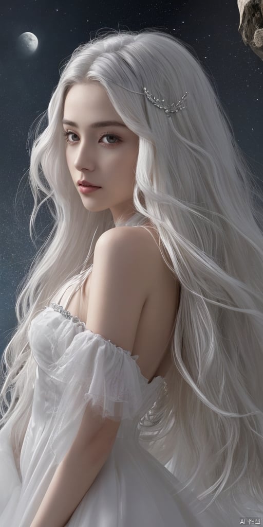  1girl, white hair, long hair, hair ornament, dress, solo, moon