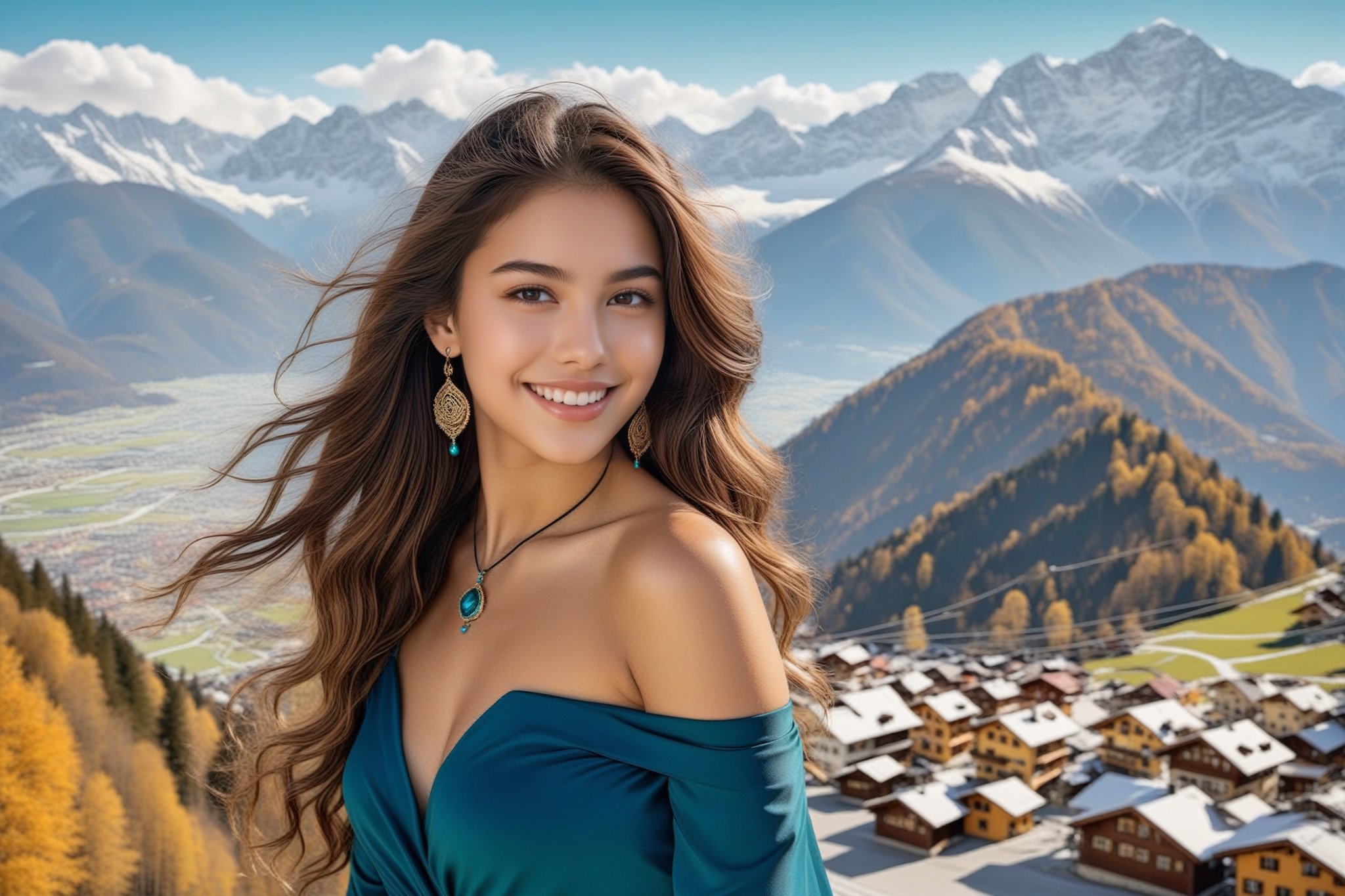 Hyper-Realistic photo of a brazilian girl,20yo,1girl,perfect female form,perfect body proportion,perfect anatomy,elegant dress,detailed exquisite face,soft shiny skin,smile,mesmerizing,disheveled long hair,small earrings,necklaces,(teal color:1.0),(backdrop of the Nordkete Mountain and cable car, where you can ski near Innsbruck and enjoy panoramic mountain views:1.2),(fullbody:1.2),(highheels:1.2),girl focus
BREAK
rule of thirds,perfect composition,studio photo,trending on artstation,(Masterpiece,Best quality,32k,UHD:1.5),(sharp focus,high contrast,HDR,hyper-detailed,intricate details,ultra-realistic,award-winning photo,ultra-clear,kodachrome 800:1.3),(chiaroscuro lighting,soft rim lighting:1.2),by Karol Bak,Gustav Klimt and Hayao Miyazaki,real_booster, photo_b00ster,ani_booster,art_booster