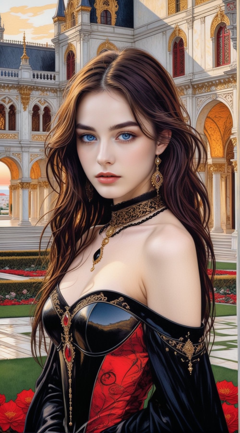 ((Hyper-Realistic)) photo of a gothic girl standing in front of palace,20yo,1girl,alluring neighbor's wife,clear facial features,detailed exquisite symmetric face,detailed soft shiny skin,red lips,playful smirks,choker,decolletage, mesmerizing,detailed realistic backdrop of gothic marble palace with garden,[sunset]
BREAK
rule of thirds,perfect composition,dark ominous theme, studio photo,trending on artstation,(Masterpiece,Best quality,32k,UHD:1.2),(sharp focus,high contrast,HDR,ray tracing,hyper-detailed,intricate details,ultra-realistic,award-winning photo,kodachrome vintage:1.3),(chiaroscuro lighting:1.2),by Karol Bak,Gustav Klimt,Gerald Brom and Hayao Miyazaki,
real_booster,art_booster,photo_b00ster