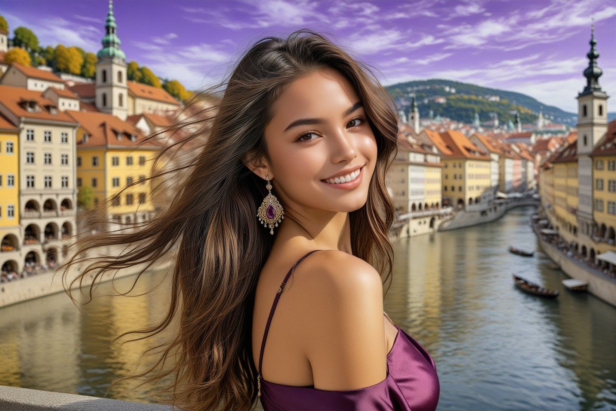 Hyper-Realistic photo of a brazilian girl,20yo,1girl,perfect female form,perfect body proportion,perfect anatomy,elegant dress,detailed exquisite face,soft shiny skin,smile,mesmerizing,disheveled long hair,small earrings,necklaces,(plum color:1.0),(backdrop of the old town of Graz, Austria's second largest city, located on the River Mur and long a popular stopover for tourists:1.2),(fullbody:1.2),(highheels:1.2),girl focus
BREAK
rule of thirds,perfect composition,studio photo,trending on artstation,(Masterpiece,Best quality,32k,UHD:1.5),(sharp focus,high contrast,HDR,hyper-detailed,intricate details,ultra-realistic,award-winning photo,ultra-clear,kodachrome 800:1.3),(chiaroscuro lighting,soft rim lighting:1.2),by Karol Bak,Gustav Klimt and Hayao Miyazaki,real_booster, photo_b00ster,ani_booster,art_booster